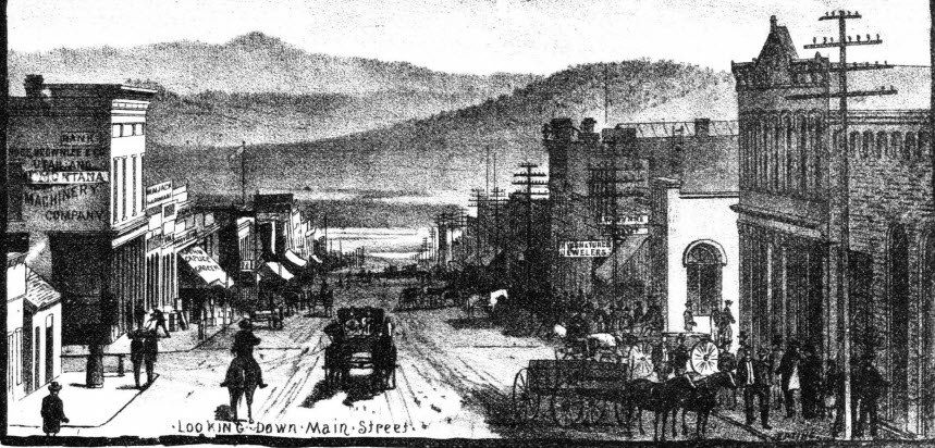 Engraving looking down Main Street, Butte, in 1885 — wagons, riders and storefronts
